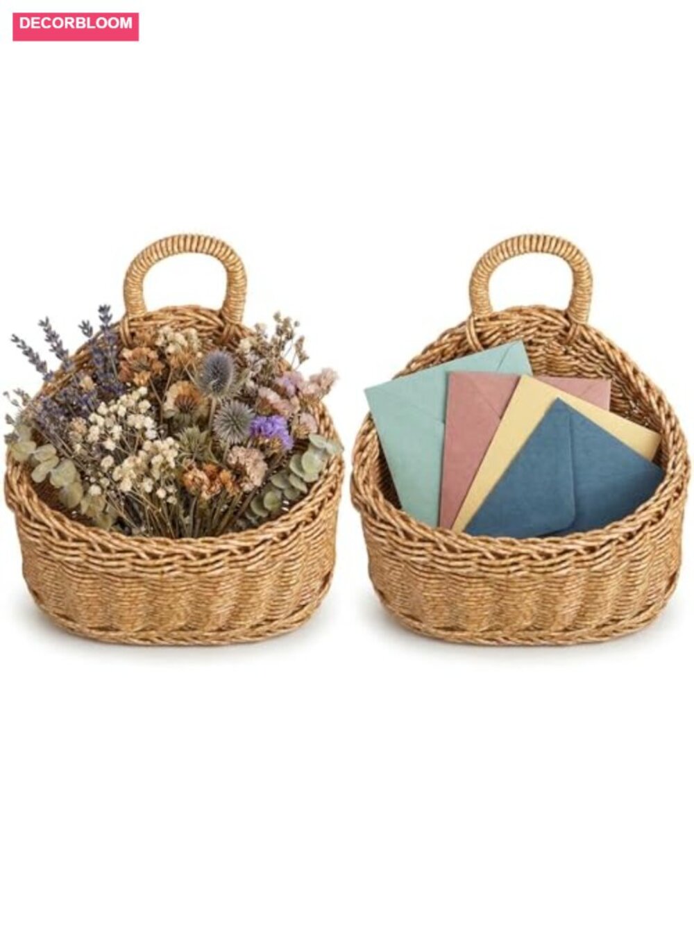 Set of 2 Wicker Hanging Baskets for Wall, Boho Rattan Storage, Handwoven